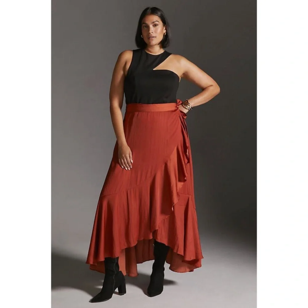 Anthropologie Maeve Ruffled Wrap Maxi Skirt Dark Orange Size 1X NWT